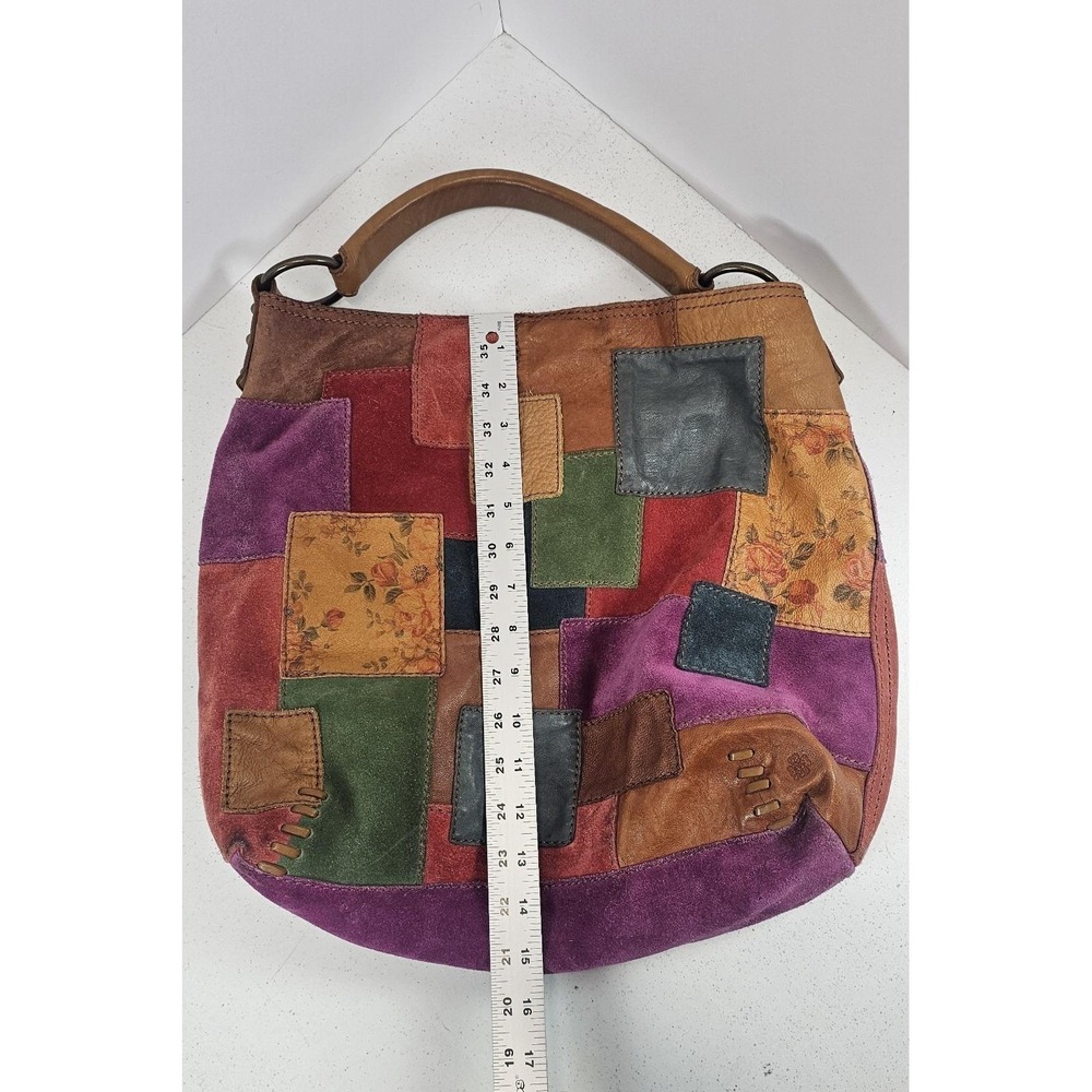 VTG Lucky Brand Y2K Boho Patchwork Leather Suede Hobo Bag Multicolor Magnet - Picture 9 of 10